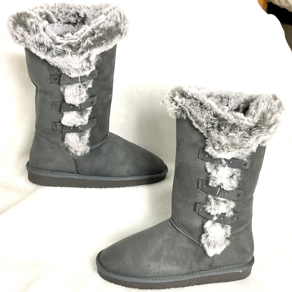 HStylish Gray Slip On Calf High Fur-Lined Waterproof Winter Snow Boots - Picture 2 of 16